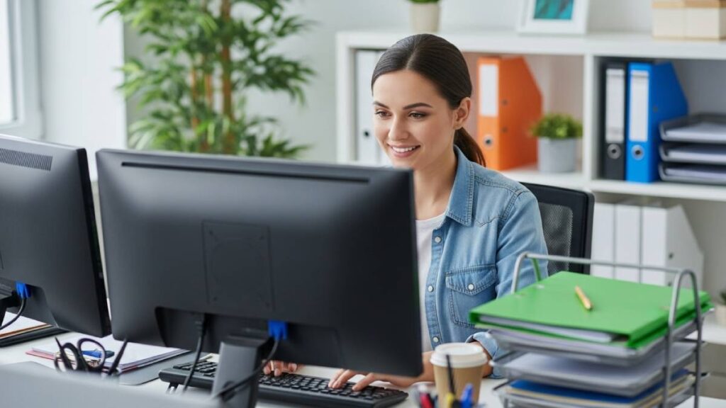 Assistant technique concentré dans un bureau moderne, entre écrans et dossiers.