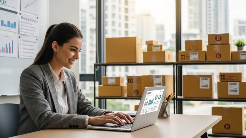 Jeune chargée e-commerce devant son ordinateur avec graphiques et colis en fond