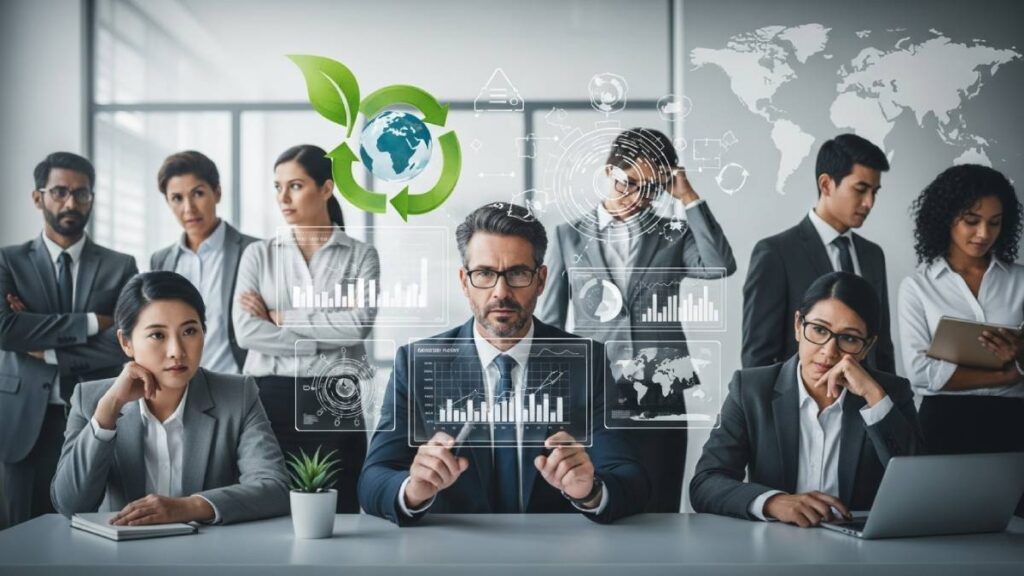 Dirigeant face à des défis : digital, humain, écologie, international, dans un bureau moderne