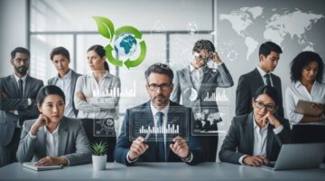 Dirigeant face à des défis : digital, humain, écologie, international, dans un bureau moderne