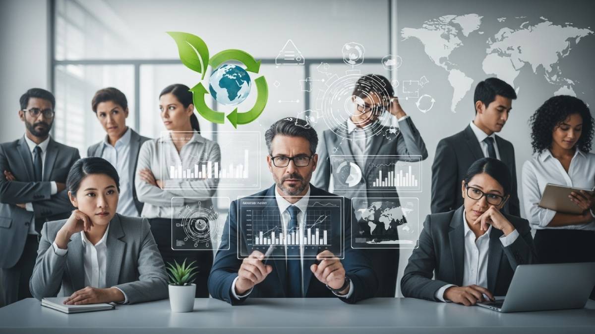 Dirigeant face à des défis : digital, humain, écologie, international, dans un bureau moderne