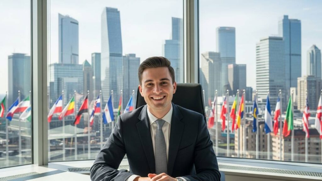 Jeune juriste en costume devant une vue internationale, bureau moderne, ambiance professionnelle
